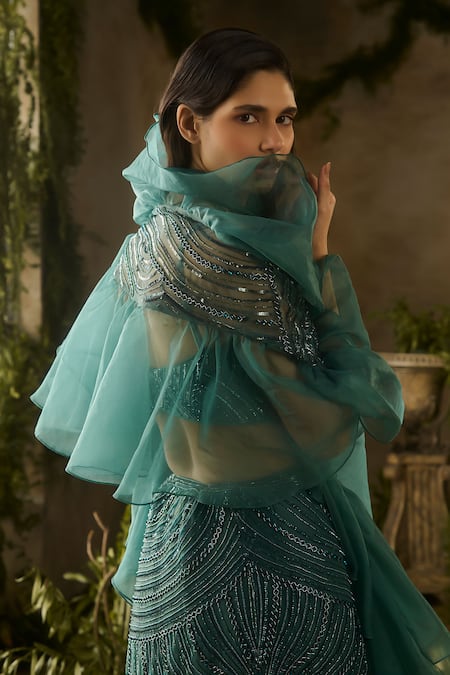 Parul Gandhi_Olive Green Mesh, Silk, Net Beads, Sequins, Embroidery, Verdant And Lehenga Set _Online_at_Aza_Fashions