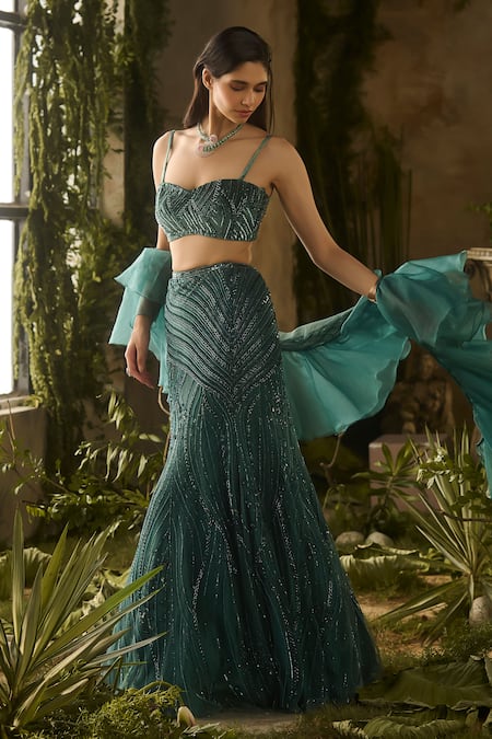 Shop_Parul Gandhi_Olive Green Mesh, Silk, Net Beads, Sequins, Embroidery, Verdant And Lehenga Set _Online_at_Aza_Fashions