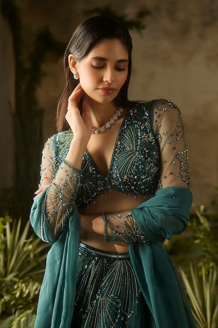 Parul Gandhi_Emerald Green Net, Silk, Mesh Sequins, Beads, Mystic Moss Blouse Lehenga Set _Online_at_Aza_Fashions