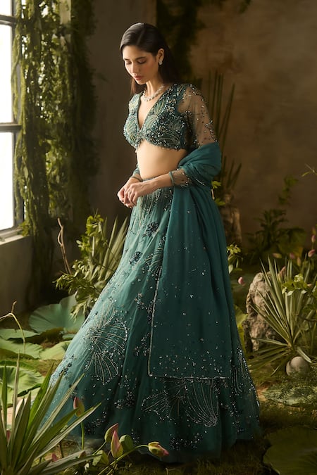 Shop_Parul Gandhi_Emerald Green Net, Silk, Mesh Sequins, Beads, Mystic Moss Blouse Lehenga Set _Online_at_Aza_Fashions