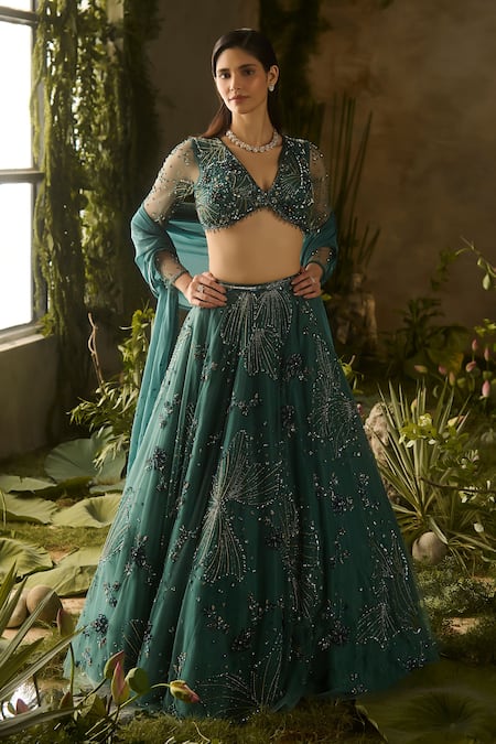 Parul Gandhi Mystic Moss Embroidered V-Neck Blouse Lehenga Set 