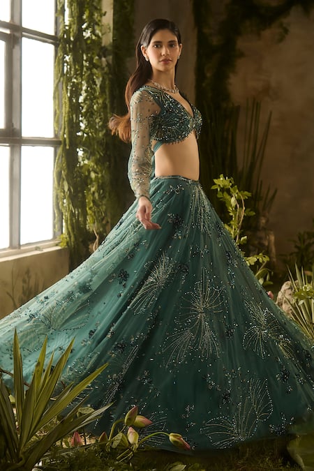 Parul Gandhi_Emerald Green Net, Silk, Mesh Sequins, Beads, Mystic Moss Blouse Lehenga Set _at_Aza_Fashions