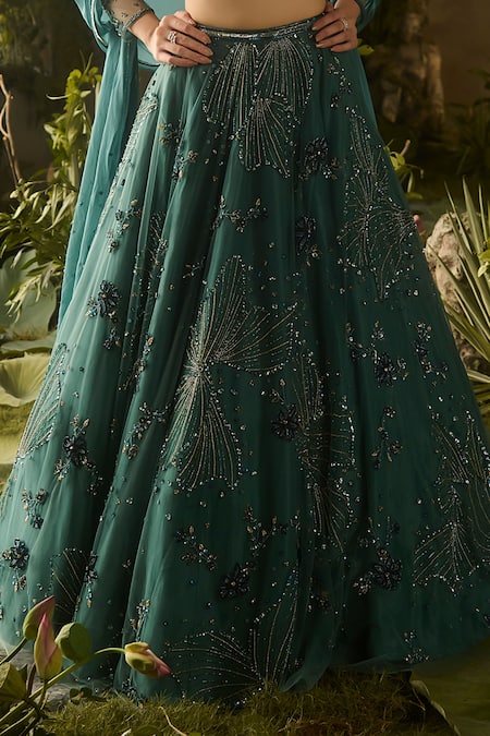 Buy_Parul Gandhi_Emerald Green Net, Silk, Mesh Sequins, Beads, Mystic Moss Blouse Lehenga Set 