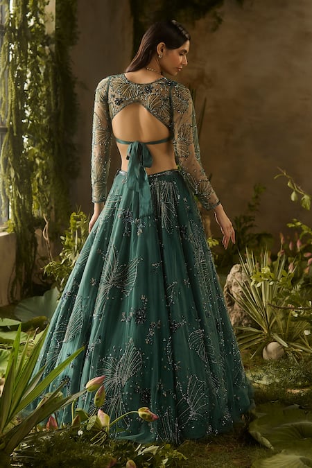 Parul Gandhi Mystic Moss Embroidered V-Neck Blouse Lehenga Set 
