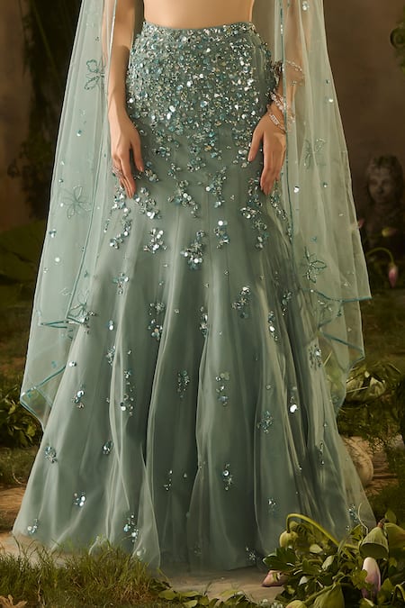 Parul Gandhi_Aqua Mesh, Silk, Net Sequins, Embroidery Secret Garden And Floral Lehenga Set _Online_at_Aza_Fashions