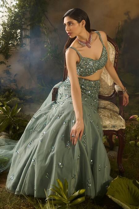 Shop_Parul Gandhi_Aqua Mesh, Silk, Net Sequins, Embroidery Secret Garden And Floral Lehenga Set _Online_at_Aza_Fashions