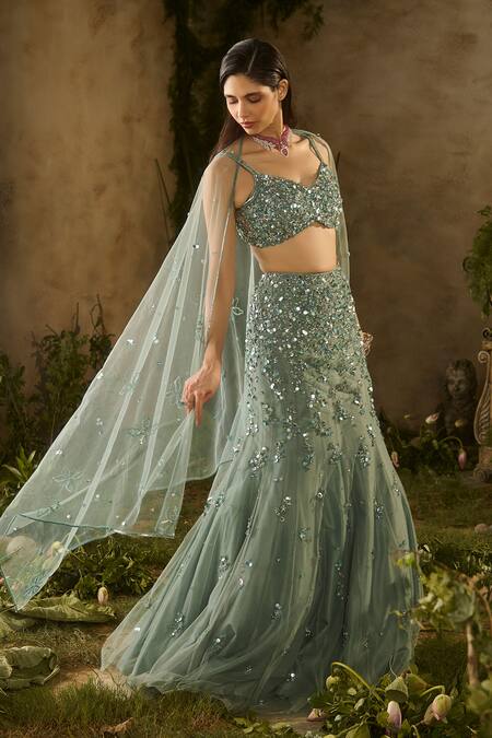 Parul Gandhi_Aqua Mesh, Silk, Net Sequins, Embroidery Secret Garden And Floral Lehenga Set _at_Aza_Fashions