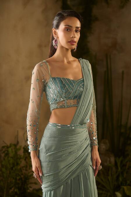 Parul Gandhi_Teal Georgette Sequins, Beads, Embroidery Square Neck And Beadwork Saree Set _Online_at_Aza_Fashions