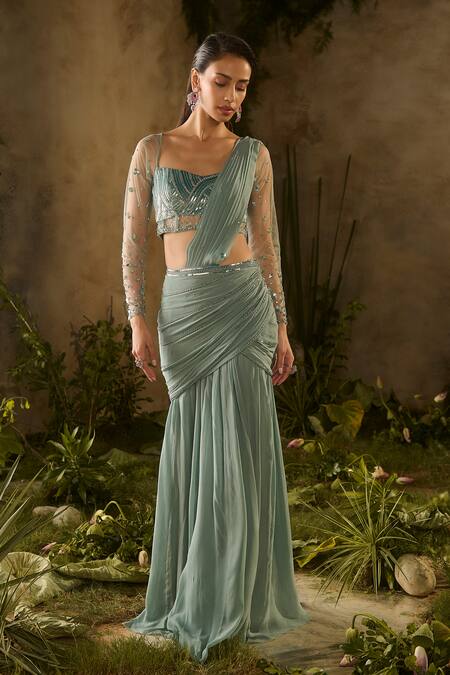 Buy_Parul Gandhi_Teal Georgette Sequins, Beads, Embroidery Square Neck And Beadwork Saree Set _Online_at_Aza_Fashions