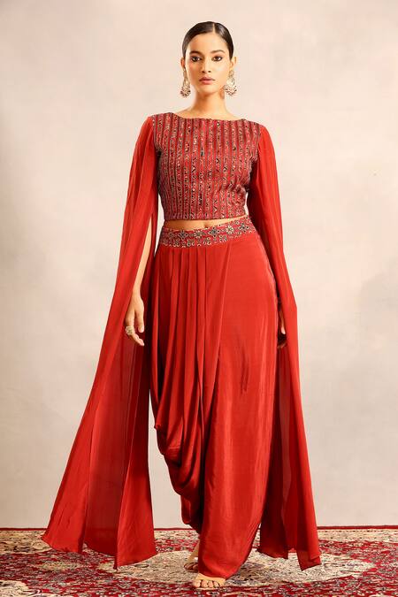 Sejal Kamdar_Red Silk, Crepe Embroidery, Cut Work Round Neck Ajrakh Cape Blouse And Skirt _at_Aza_Fashions