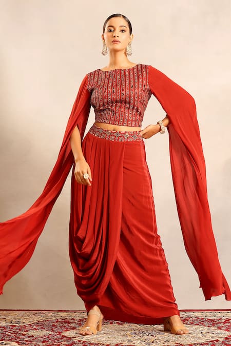 Buy_Sejal Kamdar_Red Silk, Crepe Embroidery, Cut Work Round Neck Ajrakh Cape Blouse And Skirt 