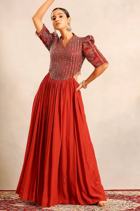 Buy_Sejal Kamdar_Red Crepe Embroidery, Patchwork V-neck Ajrakh And Stripwork Gathered Dress _Online_at_Aza_Fashions