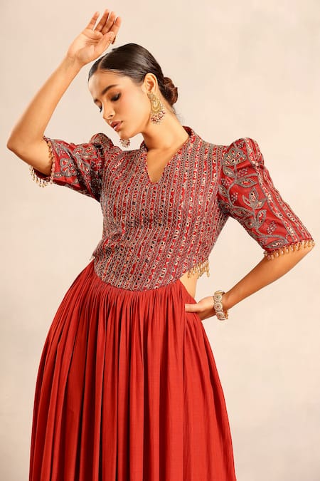 Shop_Sejal Kamdar_Red Crepe Embroidery, Patchwork V-neck Ajrakh And Stripwork Gathered Dress _Online_at_Aza_Fashions