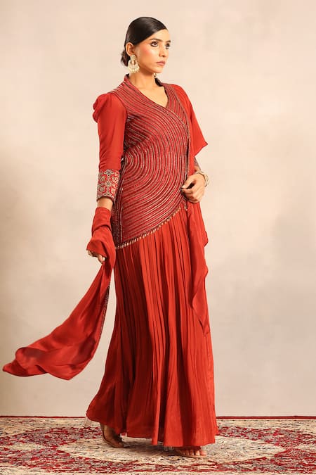 Buy_Sejal Kamdar_Red Organza, Crepe Embroidery, Beads, Zari V-neck Strip Overlap Jacket Set _Online_at_Aza_Fashions