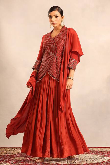 Shop_Sejal Kamdar_Red Organza, Crepe Embroidery, Beads, Zari V-neck Strip Overlap Jacket Set _Online_at_Aza_Fashions