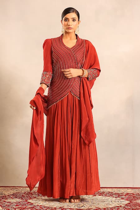 Sejal Kamdar Strip Embroidered Overlap Jacket Set 