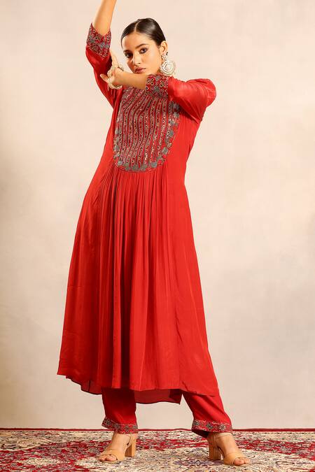 Buy_Sejal Kamdar_Red Crepe Embroidery Split V-neck Ajrakh Gathered Kurti And Pants _Online_at_Aza_Fashions