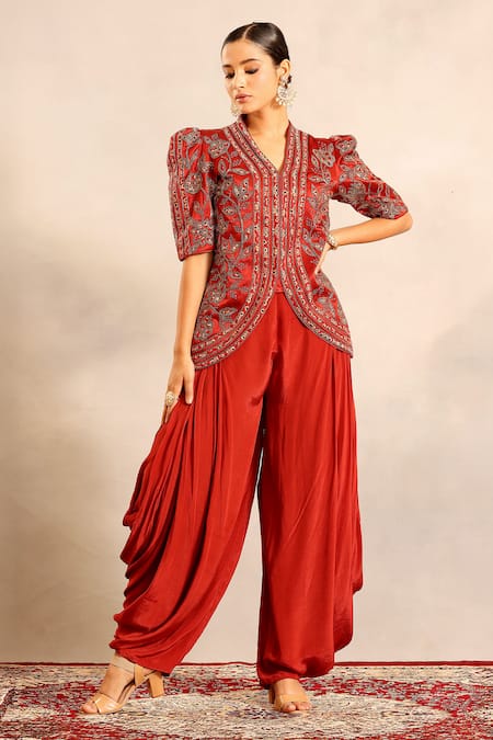 Sejal Kamdar Ajrakh Patchwork Embellished Jacket & Cowl Pant 