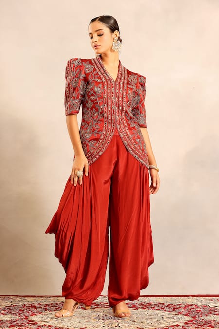 Buy_Sejal Kamdar_Red Patchwork, Embroidery V-neck Ajrakh Embellished Jacket And Cowl Pant _Online_at_Aza_Fashions