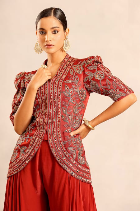 Shop_Sejal Kamdar_Red Patchwork, Embroidery V-neck Ajrakh Embellished Jacket And Cowl Pant _Online_at_Aza_Fashions
