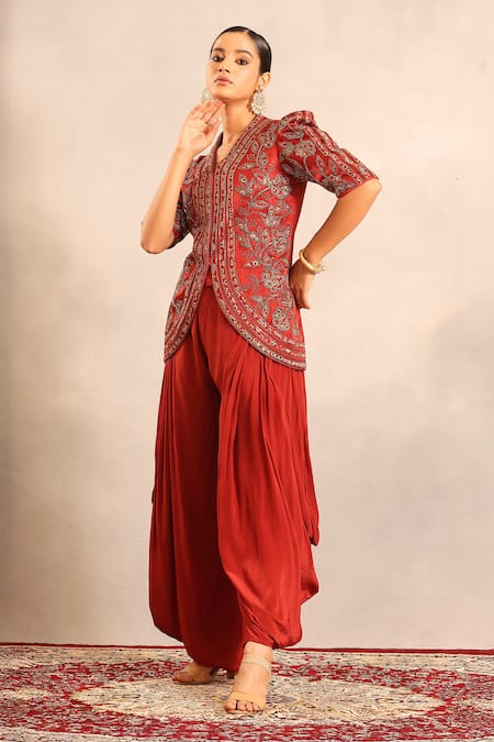 Sejal Kamdar_Red Patchwork, Embroidery V-neck Ajrakh Embellished Jacket And Cowl Pant _at_Aza_Fashions