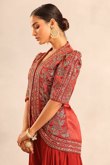 Buy_Sejal Kamdar_Red Patchwork, Embroidery V-neck Ajrakh Embellished Jacket And Cowl Pant 