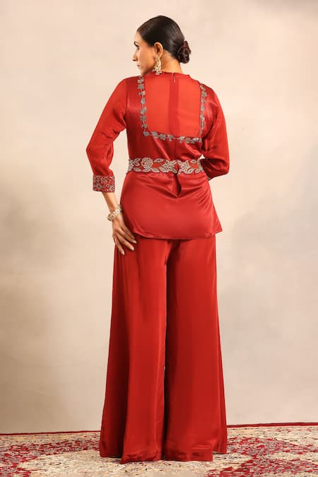 Sejal Kamdar Ajrakh Patchwork Peplum Jacket & Flared Pant 