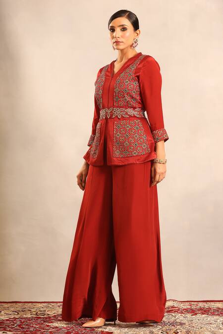 Buy_Sejal Kamdar_Red Embroidery V-neck Ajrakh Patchwork Peplum Jacket And Flared Pant _Online_at_Aza_Fashions