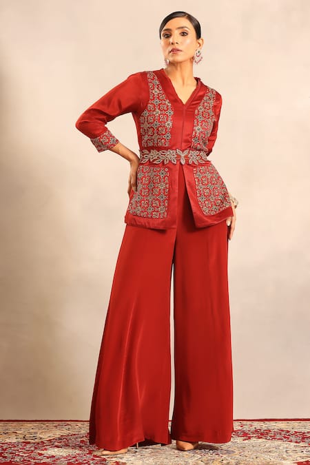Sejal Kamdar Ajrakh Patchwork Peplum Jacket & Flared Pant 