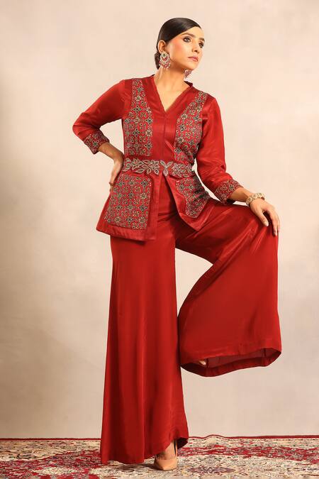 Shop_Sejal Kamdar_Red Embroidery V-neck Ajrakh Patchwork Peplum Jacket And Flared Pant _Online_at_Aza_Fashions