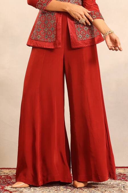 Sejal Kamdar_Red Embroidery V-neck Ajrakh Patchwork Peplum Jacket And Flared Pant _at_Aza_Fashions