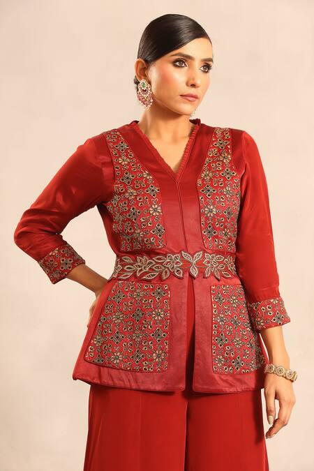 Shop_Sejal Kamdar_Red Embroidery V-neck Ajrakh Patchwork Peplum Jacket And Flared Pant 