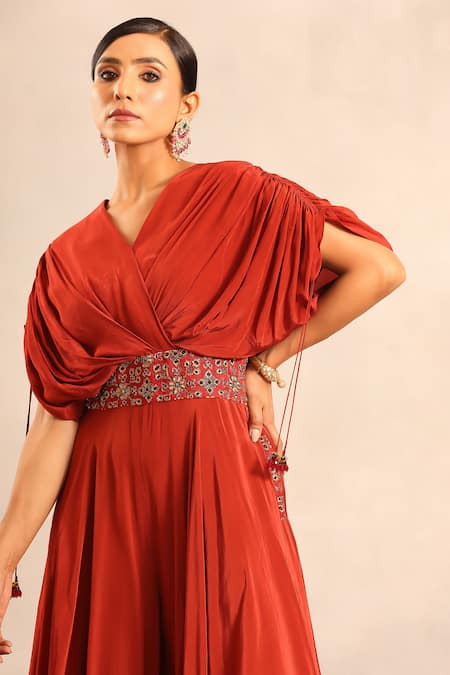 Buy_Sejal Kamdar_Red Crepe Embroidery V-neck Ajrakh Cut Pipe Embellished Flared Jumpsuit _Online_at_Aza_Fashions