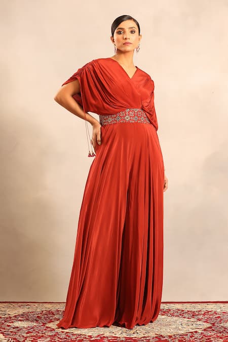 Shop_Sejal Kamdar_Red Crepe Embroidery V-neck Ajrakh Cut Pipe Embellished Flared Jumpsuit _Online_at_Aza_Fashions