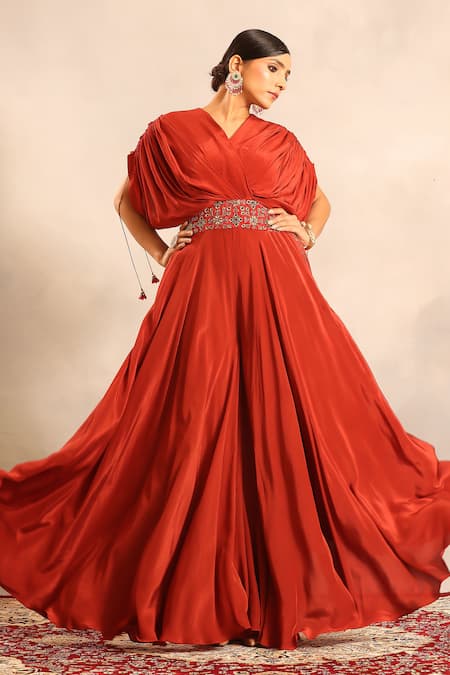 Sejal Kamdar_Red Crepe Embroidery V-neck Ajrakh Cut Pipe Embellished Flared Jumpsuit _at_Aza_Fashions