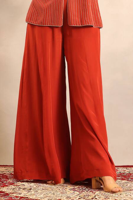 Sejal Kamdar_Red Embroidery V-neck Ajrakh Peplum Top And Pant Set _Online_at_Aza_Fashions