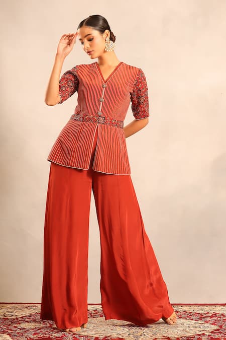 Buy_Sejal Kamdar_Red Embroidery V-neck Ajrakh Peplum Top And Pant Set _Online_at_Aza_Fashions