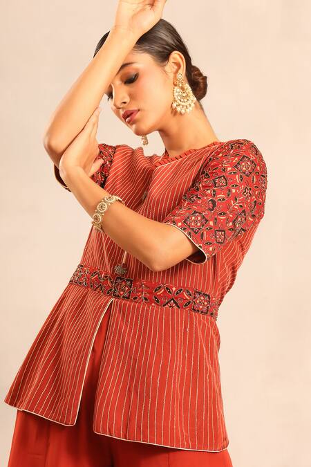 Shop_Sejal Kamdar_Red Embroidery V-neck Ajrakh Peplum Top And Pant Set _Online_at_Aza_Fashions