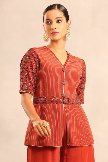 Sejal Kamdar_Red Embroidery V-neck Ajrakh Peplum Top And Pant Set _at_Aza_Fashions