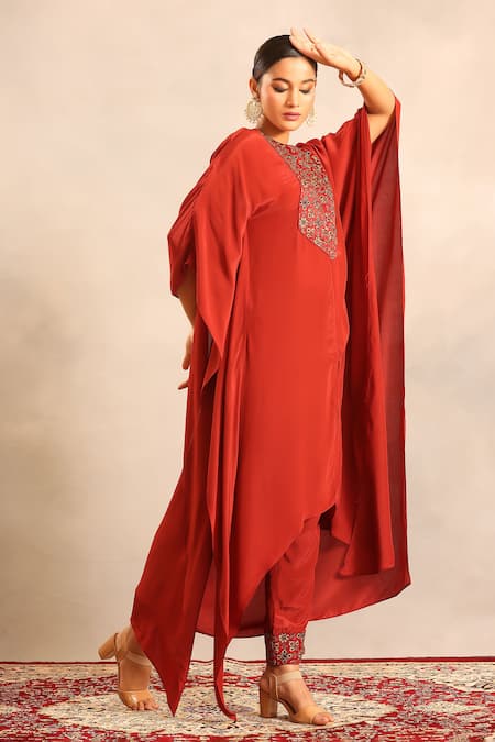 Sejal Kamdar_Maroon Crepe Embroidery Round Neck Ajrakh Yoke Kaftan And Pants _Online_at_Aza_Fashions