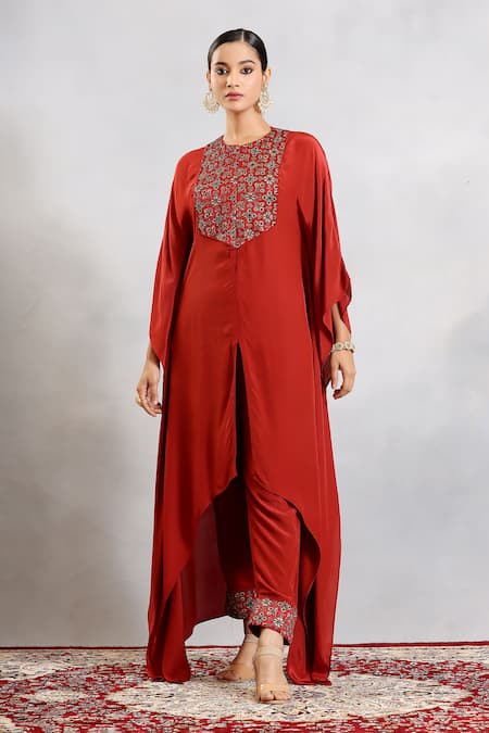 Shop_Sejal Kamdar_Maroon Crepe Embroidery Round Neck Ajrakh Yoke Kaftan And Pants _Online_at_Aza_Fashions