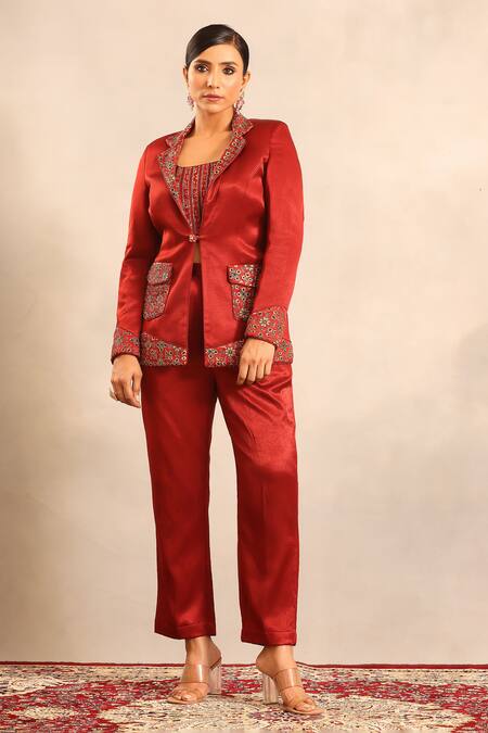 Sejal Kamdar_Maroon Silk, Shantoon Embroidery Square Neck Ajrakh Blazer, Blouse And Pant Set _Online_at_Aza_Fashions