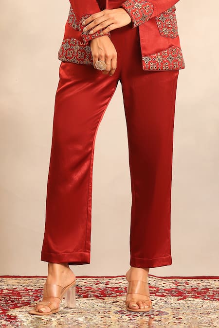 Buy_Sejal Kamdar_Maroon Silk, Shantoon Embroidery Square Neck Ajrakh Blazer, Blouse And Pant Set _Online_at_Aza_Fashions