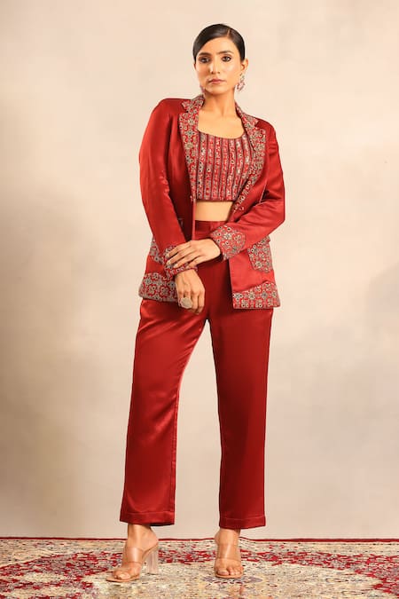 Sejal Kamdar Ajrakh Embroidered Blazer, Blouse & Pant Set 