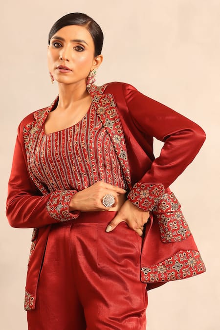 Sejal Kamdar_Maroon Silk, Shantoon Embroidery Square Neck Ajrakh Blazer, Blouse And Pant Set _at_Aza_Fashions
