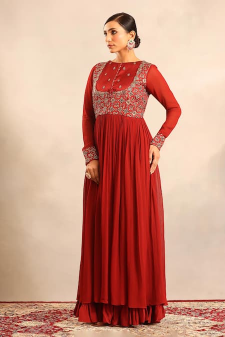 Sejal Kamdar_Maroon Georgette Embroidery Round Ajrakh Embellished Full Sleeve Gathered Dress _Online_at_Aza_Fashions