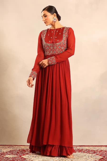 Buy_Sejal Kamdar_Maroon Georgette Embroidery Round Ajrakh Embellished Full Sleeve Gathered Dress _Online_at_Aza_Fashions