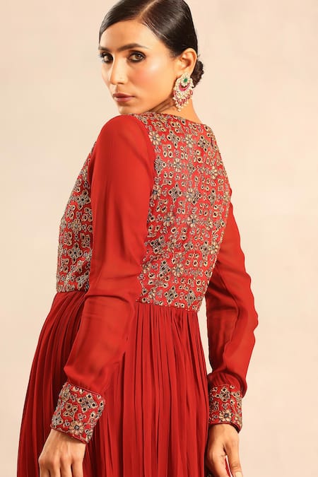 Sejal Kamdar Ajrakh Embellished Full Sleeve Gathered Dress 