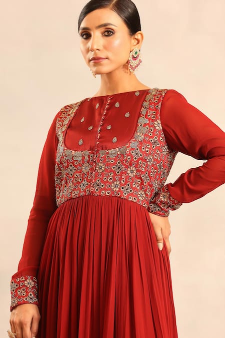 Shop_Sejal Kamdar_Maroon Georgette Embroidery Round Ajrakh Embellished Full Sleeve Gathered Dress _Online_at_Aza_Fashions