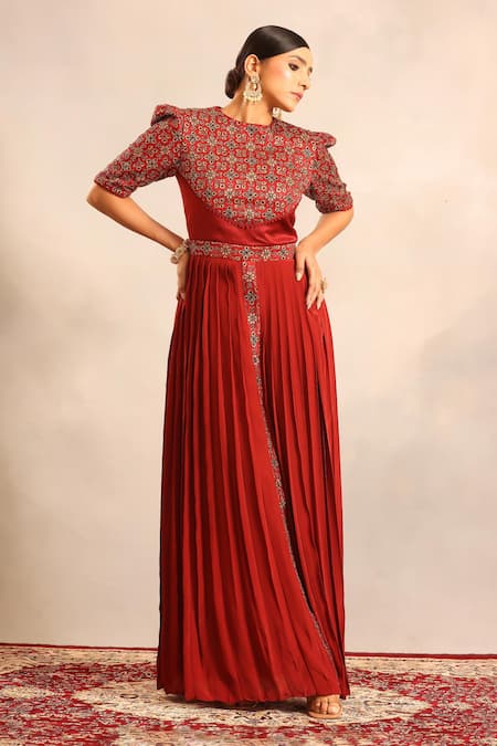 Sejal Kamdar Ajrakh Embellished Yoke Gathered Dress 